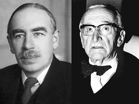 Z lewej John Maynard Keynes, obok Friedrich von Hayek