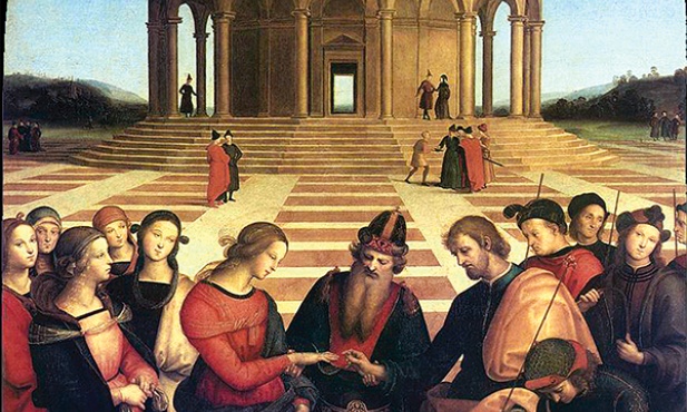 „Zaślubiny Najświętszej Maryi Panny”,  olej na desce, 1504, Pinakoteka Brera, Mediolan