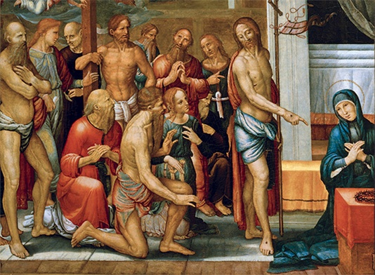 Fernando Yáñez de la Almedina „Chrystus zmartwychwstały z Maryją i wyprowadzonymi z piekieł”  olej na desce, 1510–1518 Muzeum Prado, Madryt