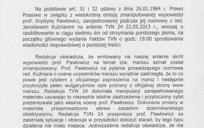 Pawłowicz żąda sprostowania od TVN