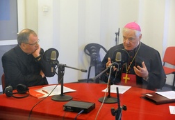 Abp Gerhard Ludwig Müller w studiu Radia Plus Radom. Z lewej ks. Zbigniew Niemirski