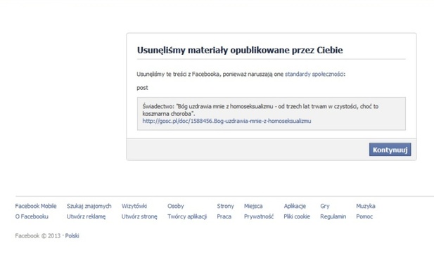 Facebook skasował świadectwo homoseksualisty