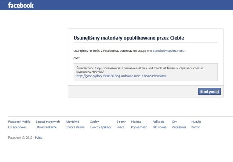 Facebook skasował świadectwo homoseksualisty