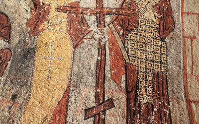 Matką Konstantyna była św. Helena, która podczas pielgrzymki do Palestyny odnalazła relikwie krzyża Chrystusa. Na zdjęciu: fresk z kościoła w Kapadocji przedstawiający św. Helenę i Konstantyna z krzyżem