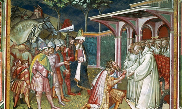 Spinello Aretino „Św. Benedykt i król Totila” fresk, 1387 Kościół San Miniato al Monte, Florencja 