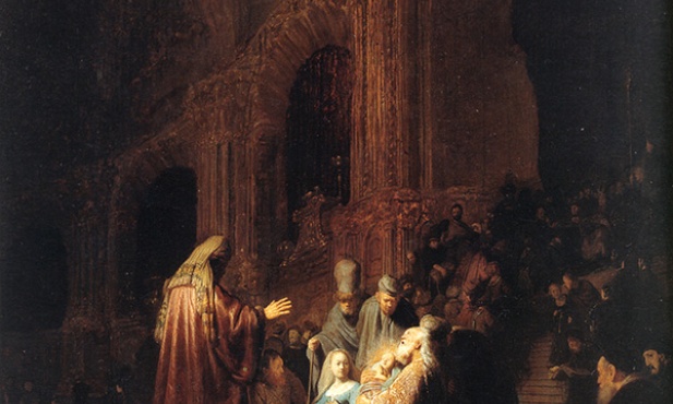 Rembrandt Harmenszoon van Rijn „Ofiarowanie Jezusa w świątyni”  olej na desce, 1631 Mauritshuis, Haga