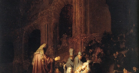Rembrandt Harmenszoon van Rijn „Ofiarowanie Jezusa w świątyni”  olej na desce, 1631 Mauritshuis, Haga