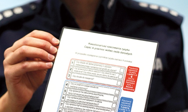 Policjantka prezentuje kwestionariusz, który według ustawy o przeciwdziałaniu przemocy w rodzinie muszą wypełniać interweniujący funkcjonariusze