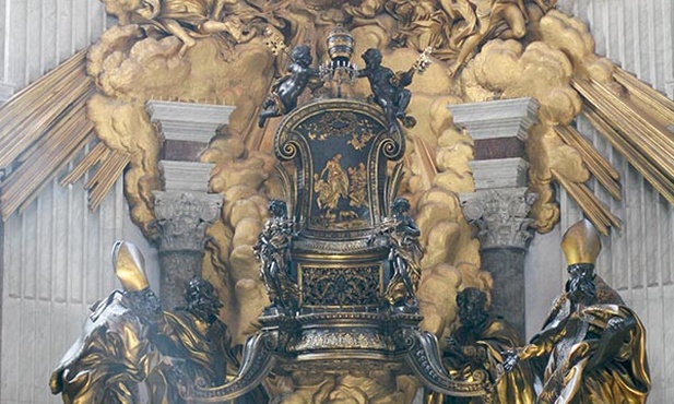 W ołtarzu prezbiterium bazyliki św. Piotra znajduje się rzeźba katedry św. Piotra. To symbol  władzy nauczania jego następców 