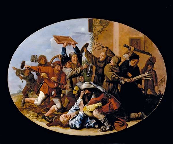 Jan Miense Molenaer „Bitwa między postem a karnawałem” olej na desce, 1633–1634 Muzeum Sztuki, Indianapolis