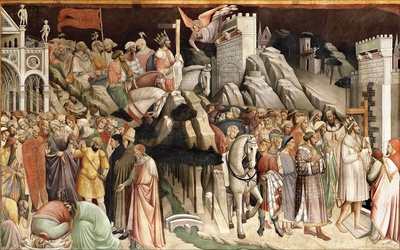Agnolo Gaddi „Wjazd cesarza Herakliusza do Jerozolimy”  fresk, 1385–1387 bazylika Santa Croce, Florencja