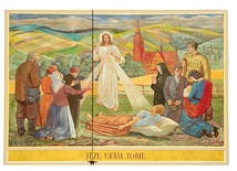 Scena figuralna z Jezusem Miłosiernym na ścianie żeleźnikowskiego kościoła
