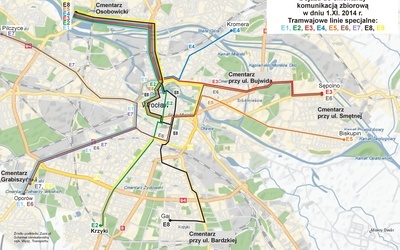 Mapki ruchu wokół cmentarzy 31 października oraz 1 i 2 listopada oraz schemat MPK