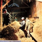 Barkowicze układają bele słomy w stodole