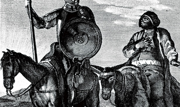 Don Kichot (hiszp. Pan Nagolennica – część zbroi chroniąca goleń) i jego giermerk Sancho Pansa (hiszp. Sancho Brzuch) to para uważana za uosobienie sztuki hiszpańskiej, w której idealizm miesza się z realizmem