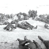 Na północnym Mazowszu w styczniu 1945 roku zginęło około 1000 osób – w tym około 200 osób nieznanych z imienia. Na zdjęciu: ciała rozstrzelanych na mławskiej Kalkówce, 17 stycznia