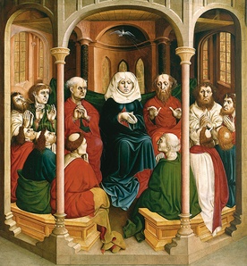 Hans Multscher „Zesłanie Ducha Świętego”  olej na desce, 1437 Gemäldegalerie, Berlin 