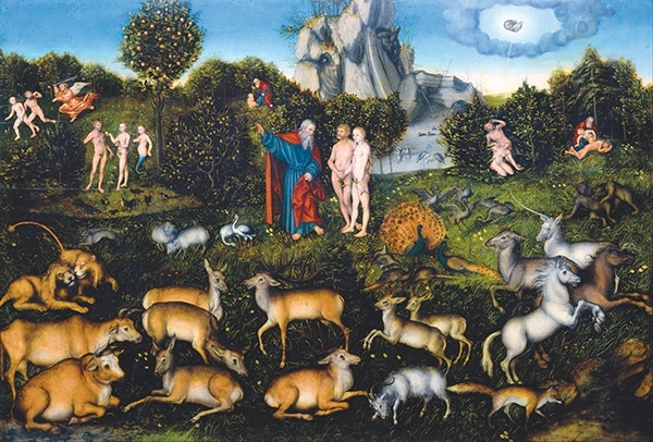 Lucas Cranach starszy „Rajski ogród”,  olej na desce, 1530, Gemäldegalerie Alte Meister, Drezno