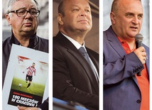 Od lewej: Janusz Filipiak – właściciel klubu Cracovia i firmy informatycznej Comarch, Bogusław Cupiał – właściciel Wisły Kraków oraz fabryki kabli Tele-Fonika, Krzysztof Witkowski – producent kostki brukowej z Niecieczy i sponsor miejscowej Termaliki