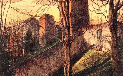 Toszek, widok na ruiny zamku od strony wąwozu na pocztówce z 1915 r.