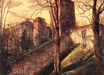 Toszek, widok na ruiny zamku od strony wąwozu na pocztówce z 1915 r.