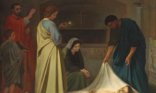 Alejo Vera y Estaca:  "Pogrzeb św. Wawrzyńca w katakumbach",  olej na płótnie, 1862.  Muzeum Prado, Madryt