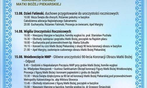 W 90. rocznicę koronacji Matki Bożej Piekarskiej, 13-16 sierpnia