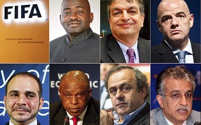 Kandydaci na nowego szefa FIFA (od lewej z góry) Musa Hassan, Jérôme Champagne, Gianni Infantino, Ali ibn Husajn,  Tokyo Sexwale, Michel Platini, Salman al-Khalifa