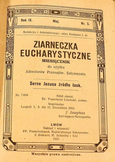 Pierwsza strona wydanych w 1920 roku we Lwowie „Ziarenek Eucharystycznych”