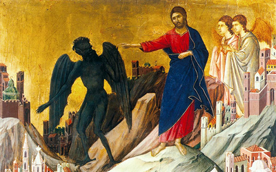 Duccio di Buoninsegna „Kuszenie na górze”  tempera na drewnie, 1308–1311, Frick Collection, Nowy Jork