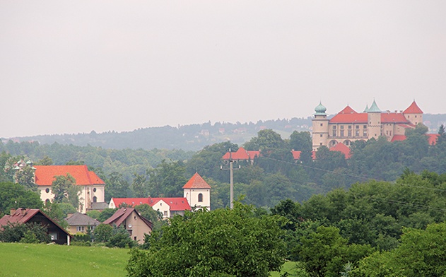 Zamek w Nowy Wiśniczu. W dole wczesnobarokowy kościół farny.