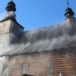 Pożar kościoła w Jawiszowicach - ćwiczenia strażaków