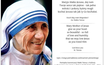 Wpis Matki Teresy w księdze pamiątkowej w Piekarach z 1986 roku.