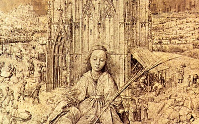 Jan van Eyck "Św. Barbara" rysunek i grisaille na desce, 1437 Królewskie Muzeum Sztuk Pięknych Antwerpia