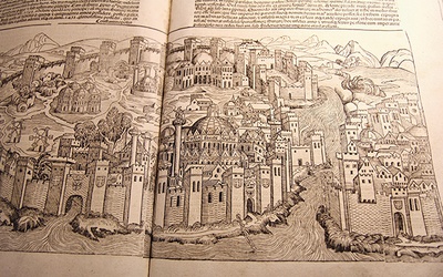 W kronice można zobaczyć sporo rycin przedstawiających miasta, m.in. Konstantynopol.