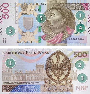 1 Efekt recto verso
Elementy graficzne znajdujące się na obu stronach banknotu oglądane pod światło uzupełniają się i tworzą pełny obraz korony w owalu.

2 Farba opalizująca
Opalizujący ornament koloru złotego w zależności od kąta patrzenia jest widoczny lub prawie niedostrzegalny.

3 Znak wodny
Podczas oglądania banknotu pod światło widać znak wodny, który przedstawia wizerunek króla Jana III Sobieskiego oraz cyfrowe oznaczenie nominału „500”. Pole znaku wodnego nie jest zadrukowane.

4 Farba zmienna opty…