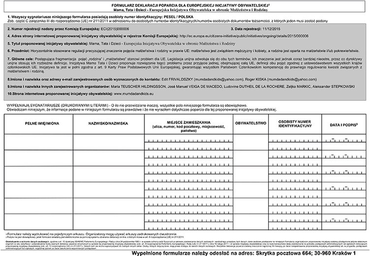 Inicjatywę „Mama, Tata i Dzieci” można poprzeć, podpisując się na formularzu dołączonym do tego numeru „Gościa Niedzielnego”, który trzeba wysłać pod wskazany  na nim adres. Można też to zrobić przez stronę internetową:  https://signatures.mumdadandkids.eu/oct-web-public/index.do Szczegółowych informacji o inicjatywie udziela  Jan Urmański, koordynator Komitetu Krajowego:  jan.urmanski@mamatataidzieci.pl, tel. 501 089 822.