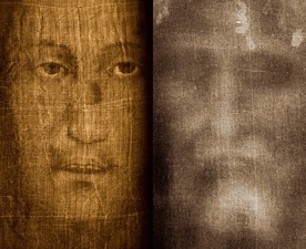 Twarz Jezusa odbita na Całunie Turyńskim. Wnikliwa analiza dowodzi, że wizerunki z chusty i z całunu łączą identyczne cechy anatomii twarzy: długość, szerokość, cechy somatyczne, kształt.