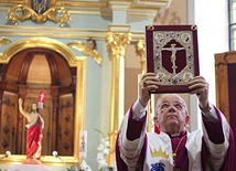 ▲	Biskup Roman udziela błogosławieństwa Ewangeliarzem w czasie nawiedzenia obrazu Matki Bożej Jasnogórskiej w parafii św. Jakuba w Płonnem k. Dobrzynia n. Drwęcą.