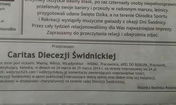 Hejterka przeprosiła Caritas