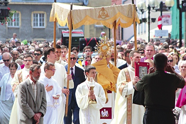 ◄	Po Eucharystii wyruszyła procesja z konkatedry  św. Jakuba do kościoła pw. Najświętszego  Serca Pana Jezusa.