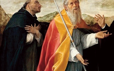 Fragment obrazu „Madonna z Dzieciątkiem i święci” Bartolomeo Cesiego z Pinakoteki Bolońskiej. Po lewej stronie nasz św. Jacek, a nie, jak dotychczas przypuszczano, św. Dominik.