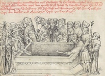▲	Obrzędy ekshumacji i elewacji relikwii św. Jadwigi w Trzebnicy. Rycina pochodzi z „Kodeksu hornigowskiego” z 1451 r.