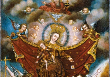 Matka Boża z małym Jezusem nakazują aniołom wyprowadzanie dusz z czyśćca. Chrystus i Jego Matka trzymają w rękach szkaplerze. To znak, że szkaplerz jest drogą do zbawienia. Anioły podtrzymują opiekuńczy płaszcz Maryi, a u góry widzimy Boga Ojca i Ducha Świętego.
