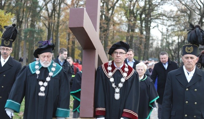 Krzyż nieśli na zmianę przedstawiciele wspólnot i śrosowisk: członkowie Akcji Katolickiej, wykładowcy, górnicy, strażacy, 