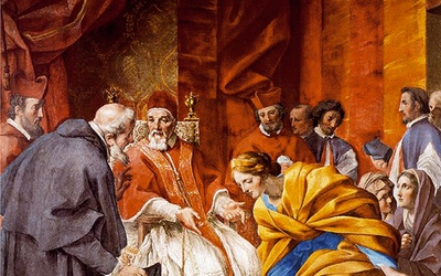 Giovanni Francesco Romanelli "Spotkanie księżnej Matyldy ze św. Anzelmem w obecności papieża Urbana II", olej na płótnie, 1637–1642 Galeria Romanelli, Watykan