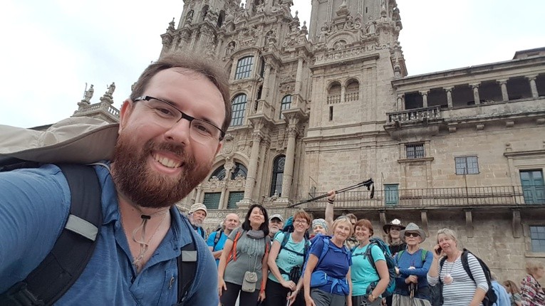 Selfie przed katedrą w Santiago