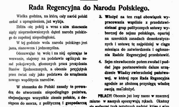 100 lat temu Rada Regencyjna ogłosiła odezwę "Do Narodu Polskiego"