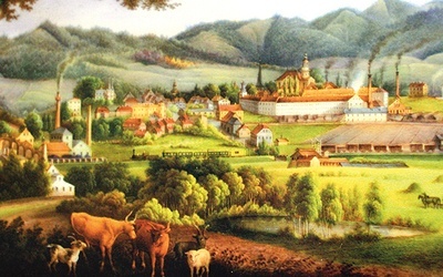 Fragment wystawy: panorama Wałbrzycha z linią kolejową (płyta porcelanowa, 1856 r.). 