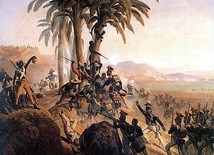 Obraz Januarego Suchodolskiego z 1845 r., pokazujący bitwę o San Domingo. Podczas walk na Haiti 4/5 Polaków umarło na żółtą febrę, a pozostali albo zginęli w starciach z niewolnikami, albo przeszli na ich stronę. Do Polski wróciło bardzo niewielu